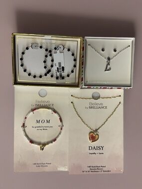 Jewelry Bundle, mom bracelet, daisy necklace, “L” necklace, black gem earrings